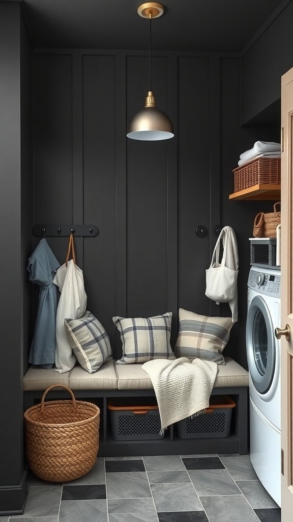 Cozy laundry room nook with seating, charcoal gray walls, and stylish storage solutions.
