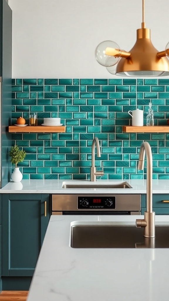 Stylish emerald green kitchen with glossy teal tile backsplash and gold fixtures