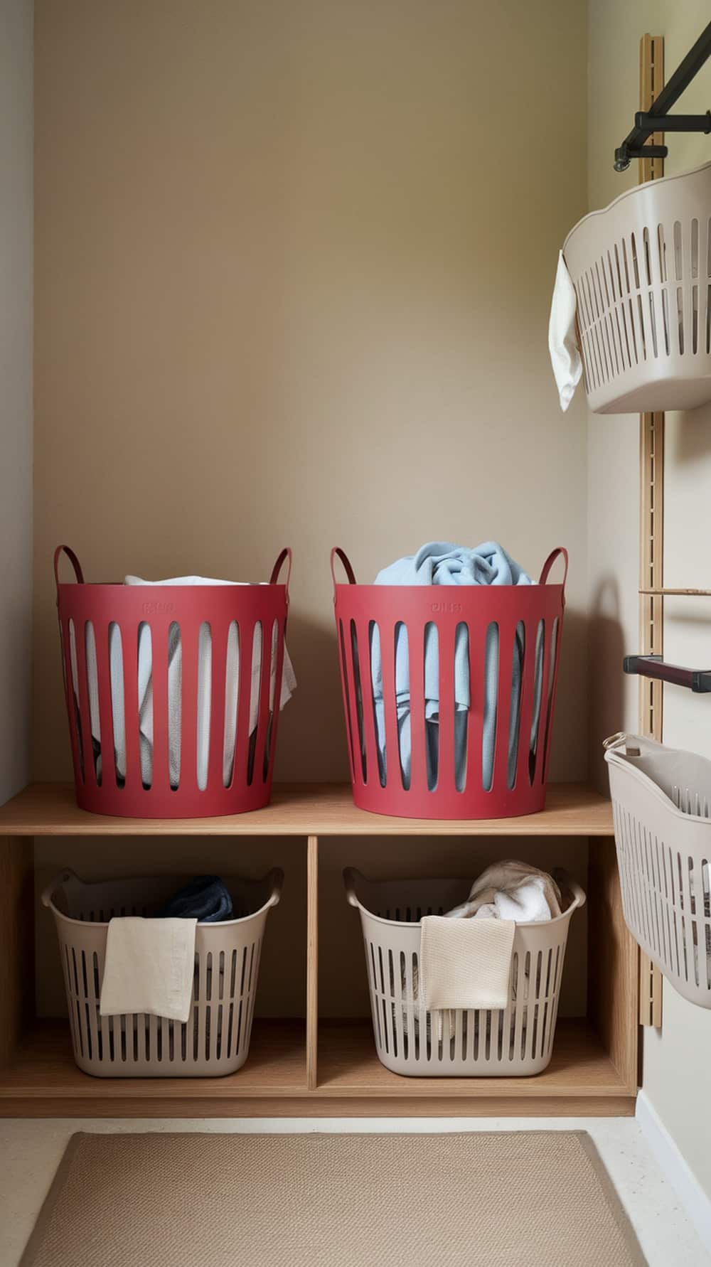 A display of red and beige laundry baskets on a wooden shelf in a laundry room.