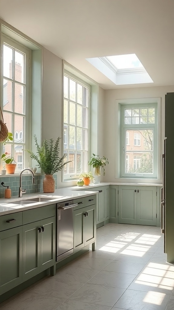A bright kitchen with sage green cabinets and large windows allowing natural light to fill the space.