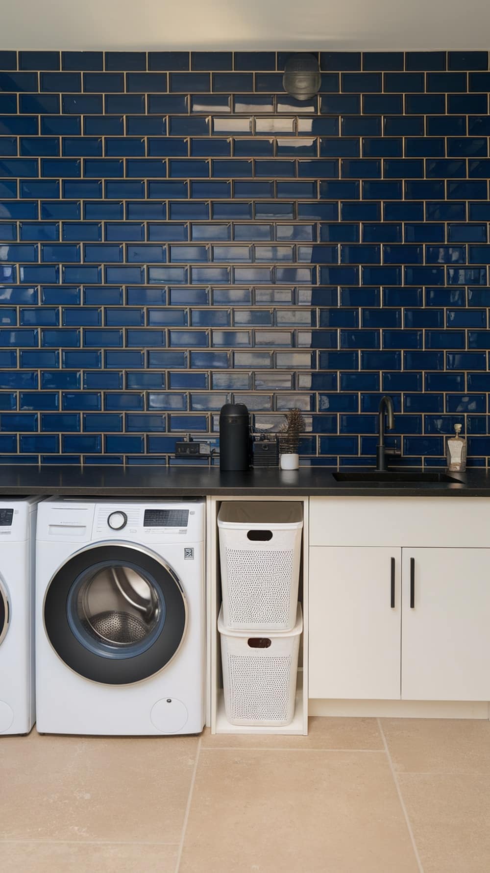 Navy blue tile backsplash in a modern laundry room with white appliances and cabinetry.
