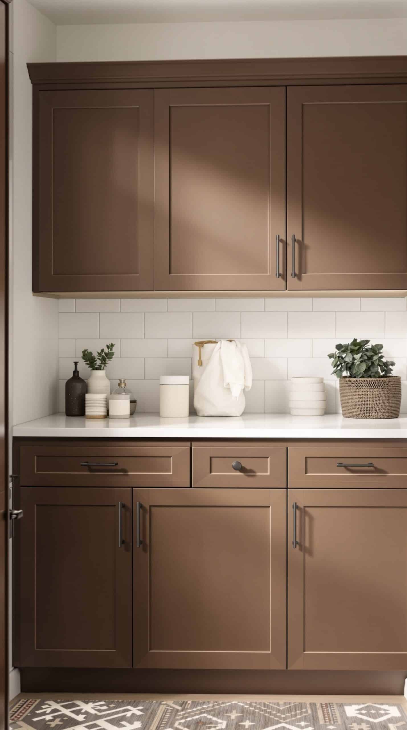 Earthy brown laundry room with stylish storage solutions and decorative elements.