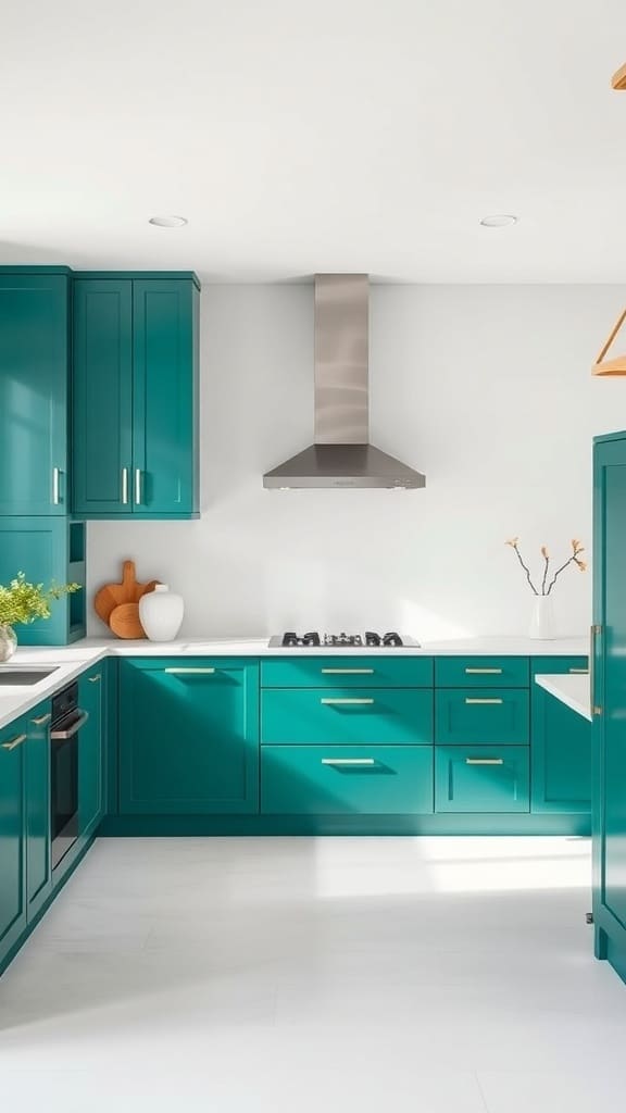 A modern kitchen featuring emerald green cabinets and white countertops.