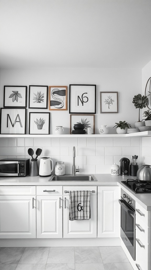 A stylish black and white kitchen featuring a gallery wall with framed botanical and letter art.
