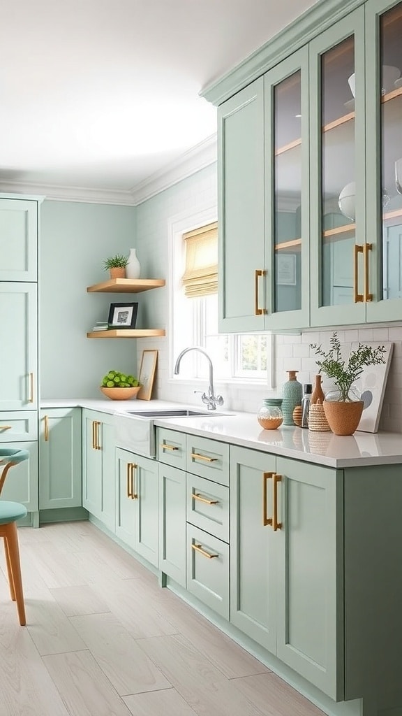 A modern kitchen featuring mint green cabinetry with gold hardware and open shelving.