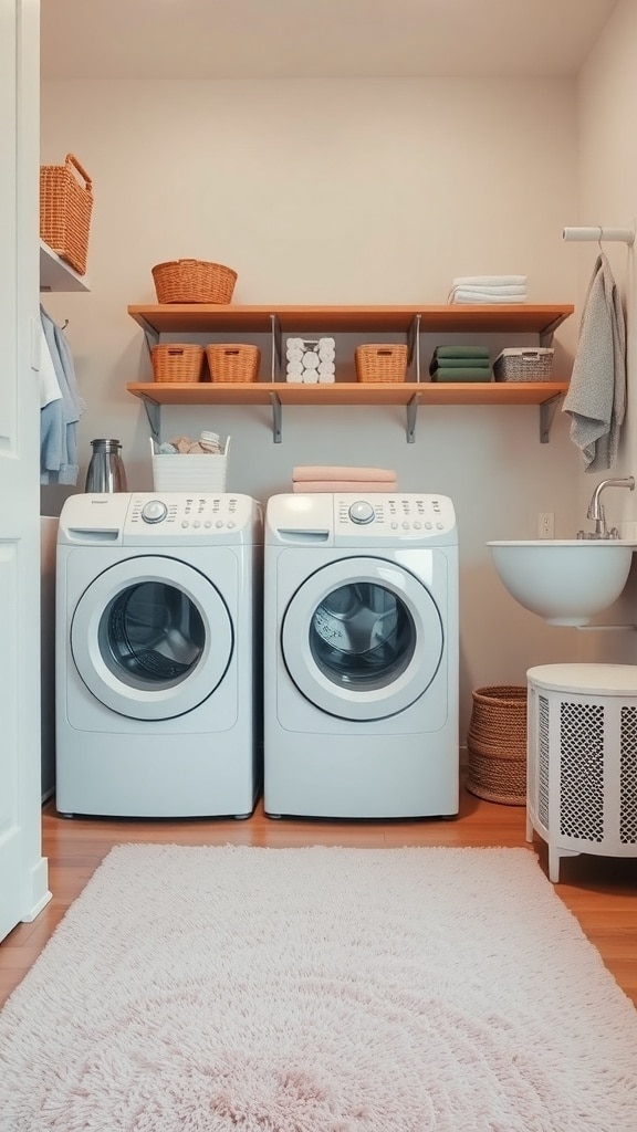 A cozy blush pink rug in a laundry room with white washing machines and wooden shelves.