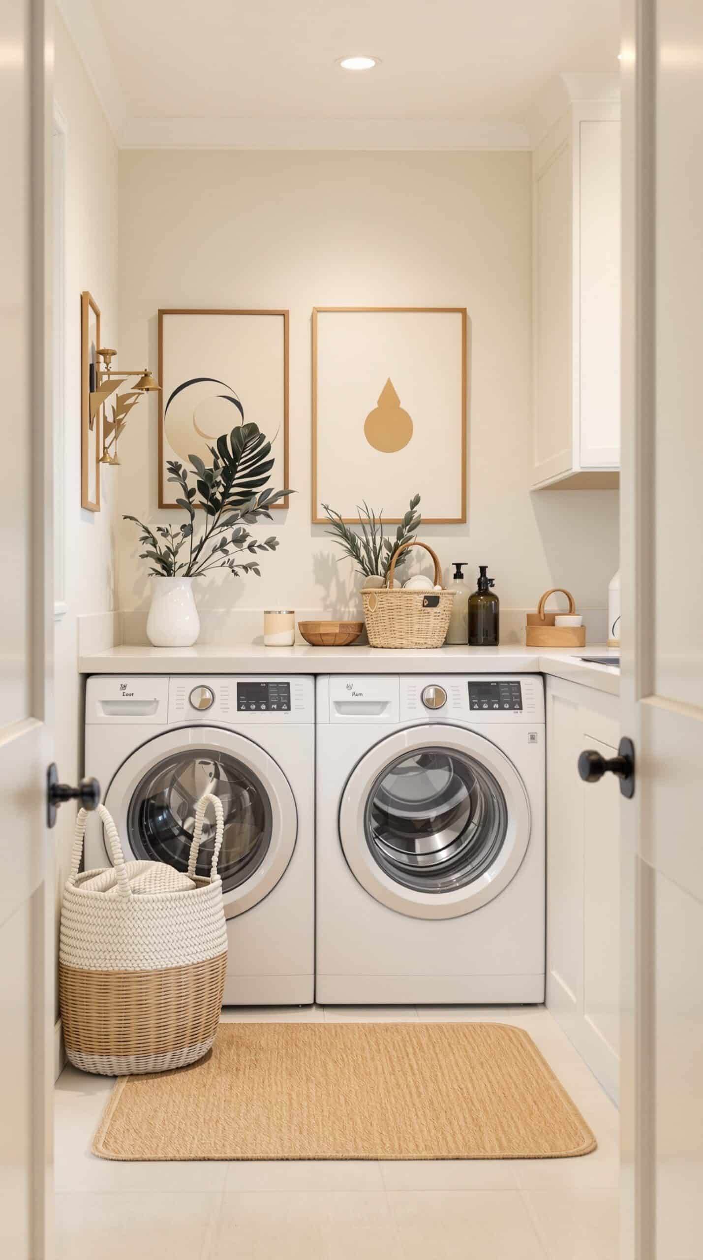 Brightly lit laundry room featuring modern artwork, plants, and organized laundry essentials.