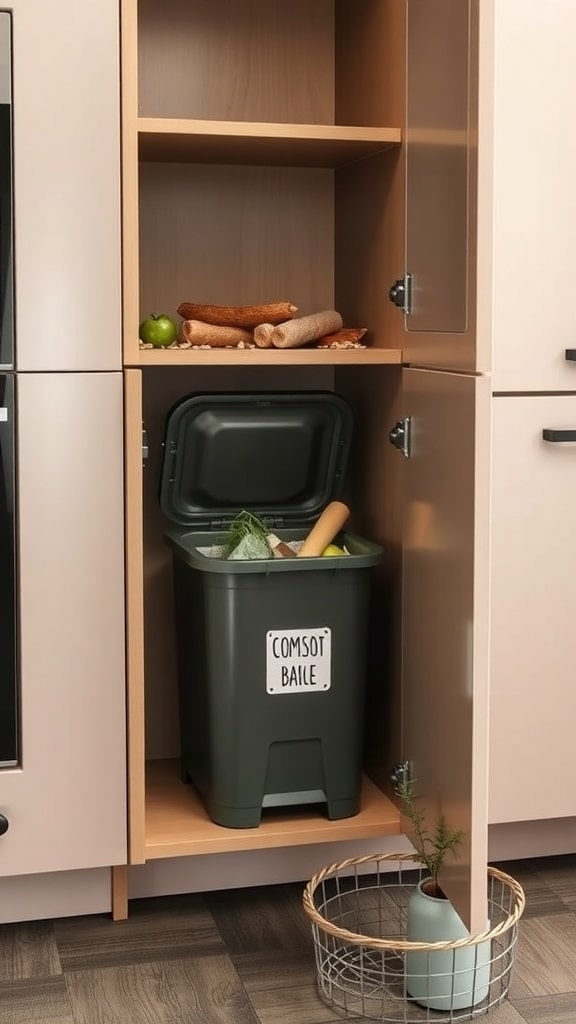 A green compost bin integrated into a kitchen cabinet, with some food scraps and a small basket nearby.