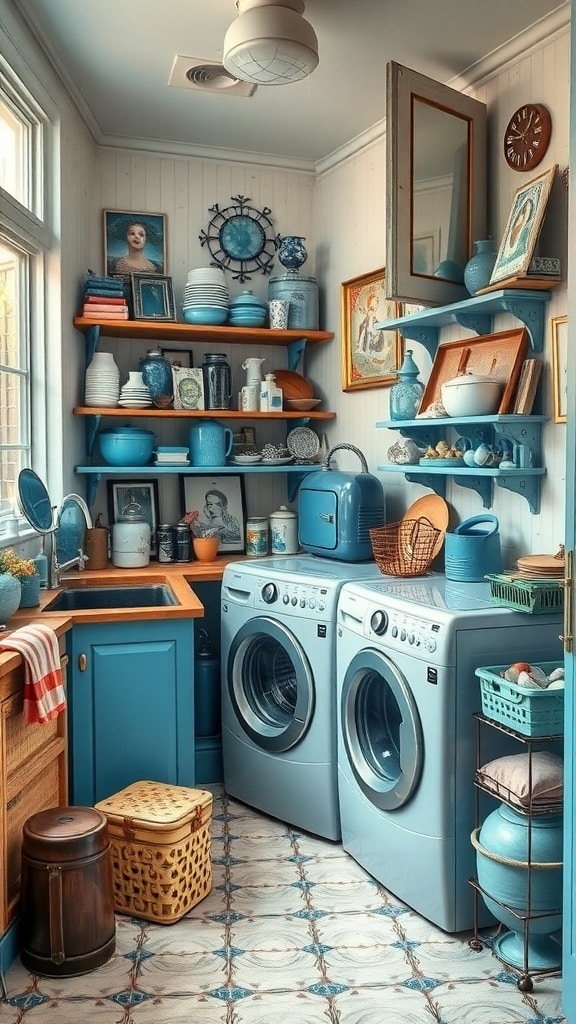 A cozy laundry room featuring eclectic blue decor with shelves filled with blue ceramics and vintage items.