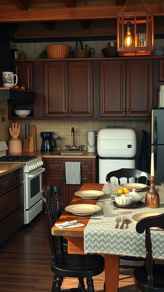 A cozy kitchen featuring chocolate brown cabinets, a wooden table set for a meal, and warm lighting.