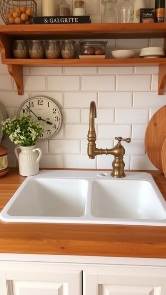 Farmhouse sink with vintage faucet and wooden countertop