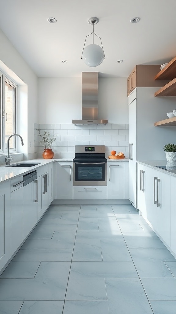 A modern kitchen featuring light blue tile flooring, white cabinets, and stainless steel appliances.