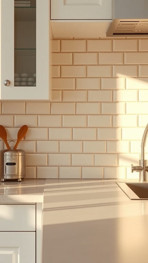 Creamy subway tile backsplash in a modern kitchen with white cabinets and stainless steel accents.