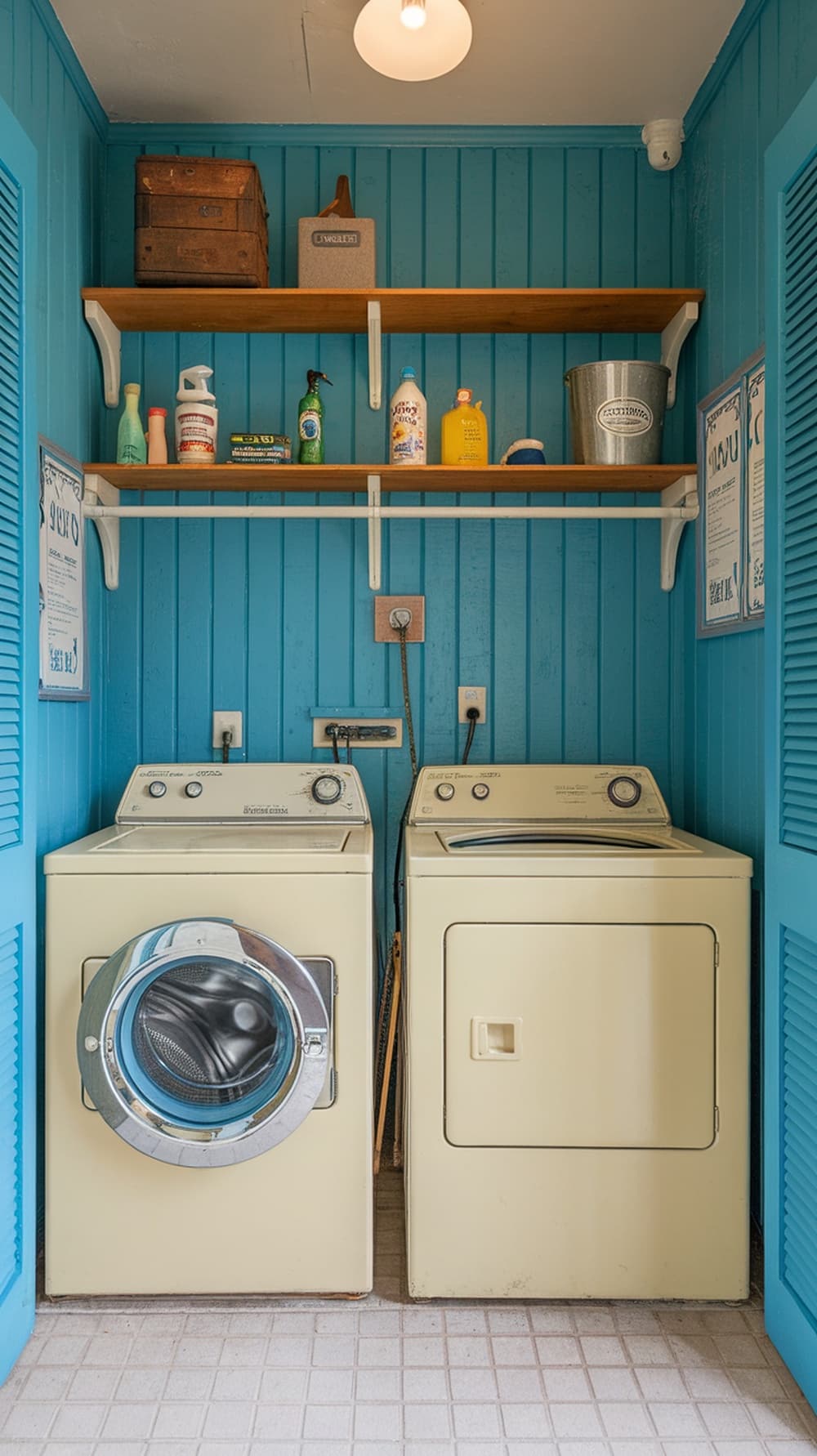 A vintage-inspired laundry room with peacock blue walls, yellow appliances, and wooden shelves.