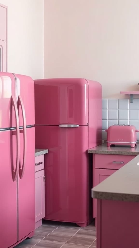 A kitchen featuring dark pink appliances including a refrigerator and toaster.