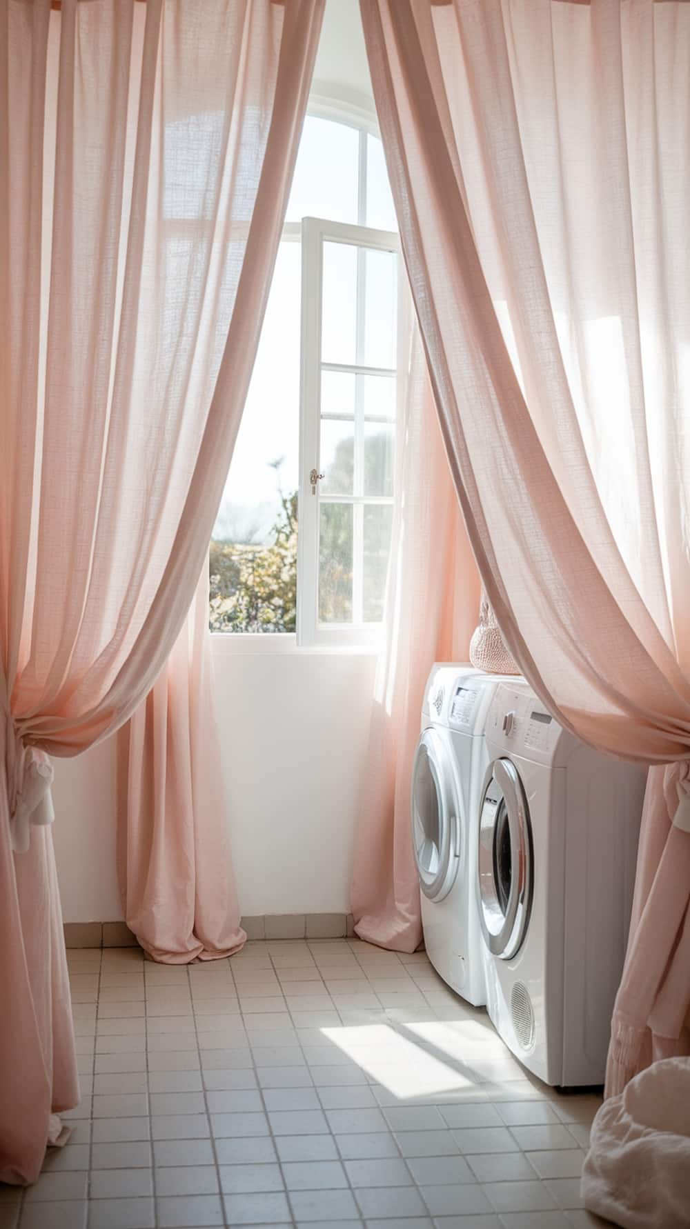 Soft pink sheer curtains framing a bright window in a laundry room