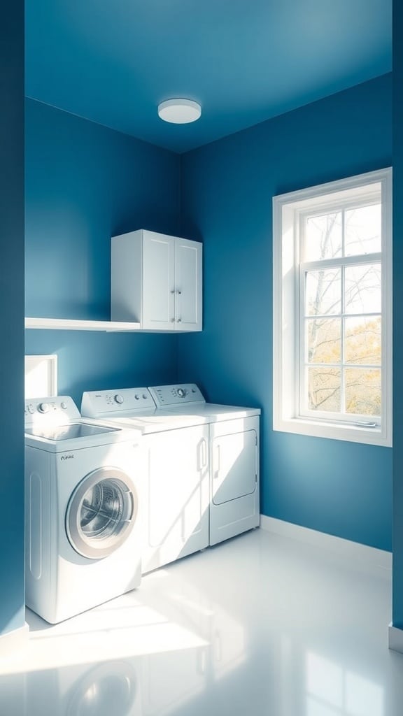 Bright blue laundry room with white appliances and natural light