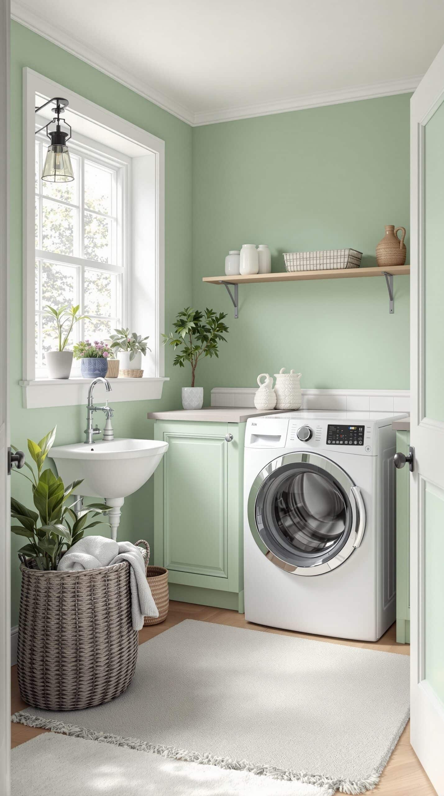 Laundry room with soft green walls and white trim, featuring a washing machine, plants, and decorative items.