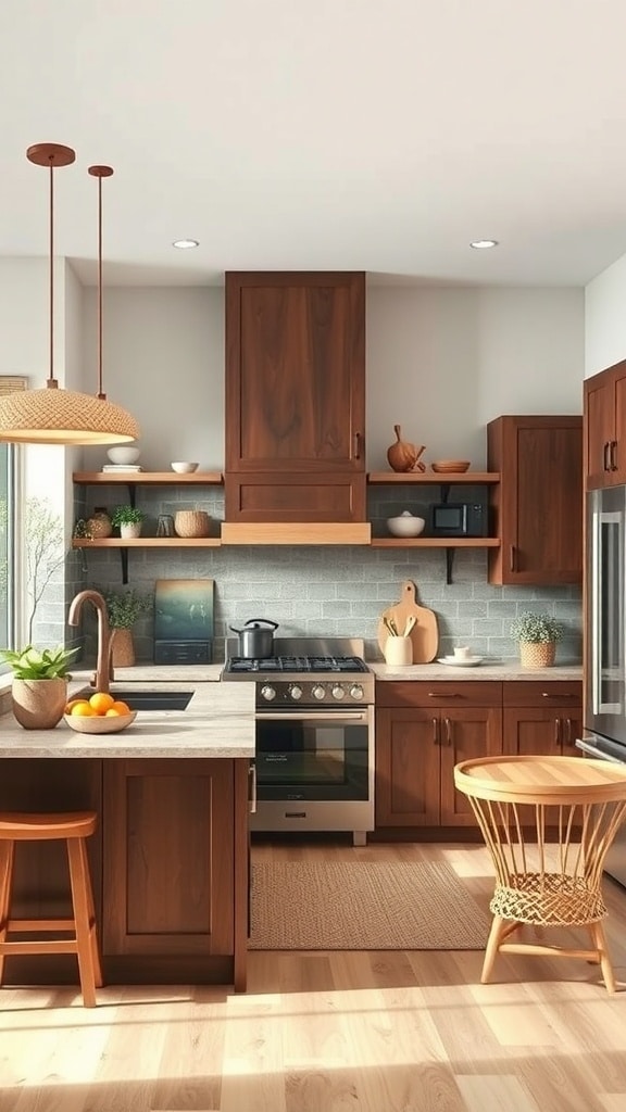 A rustic brown kitchen with wooden cabinets, light countertops, and natural decor.