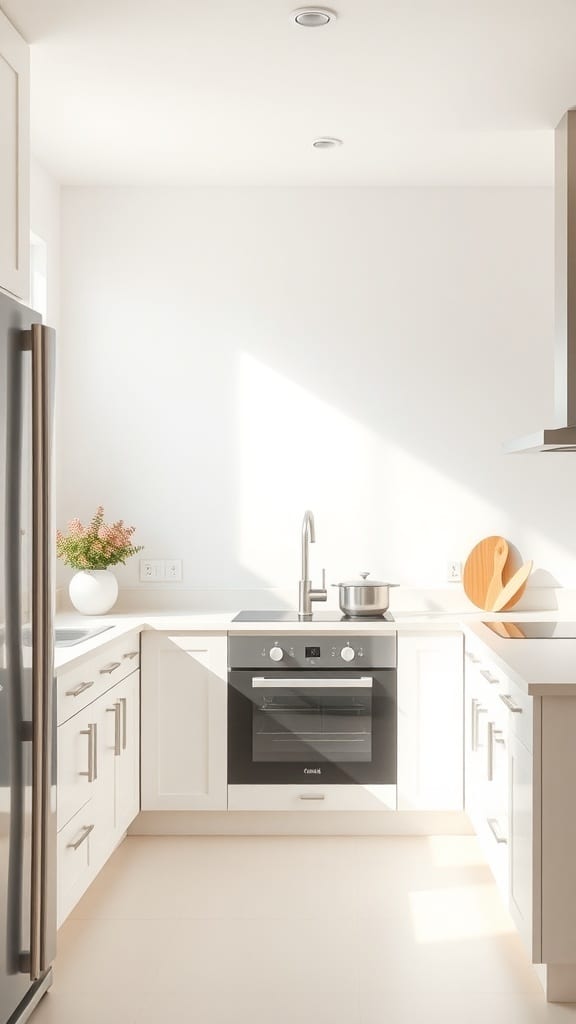 Minimalist white kitchen with monochromatic color palette featuring white cabinets, black oven, and wooden accents.