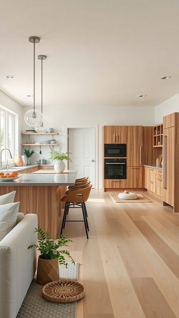 A modern open concept kitchen featuring wooden cabinetry, greige accents, and natural light.
