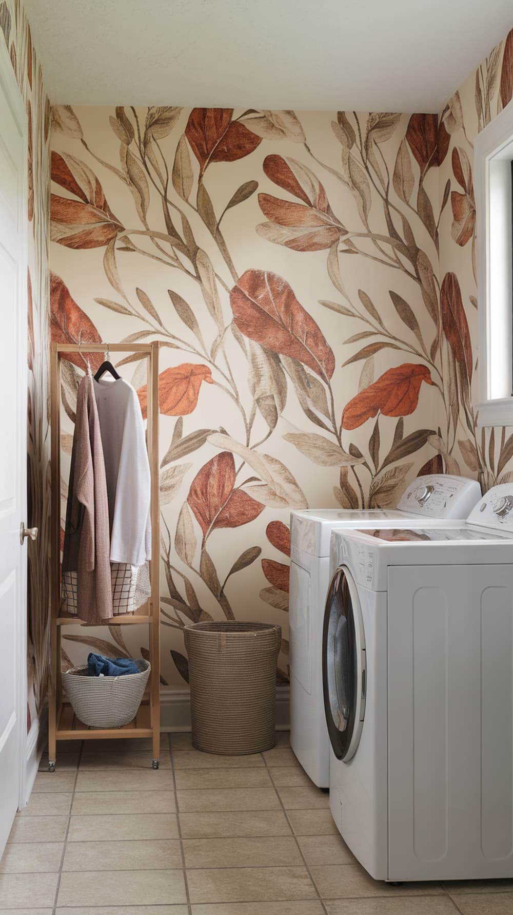 Laundry room with botanical wall art featuring rust orange leaves on beige background.