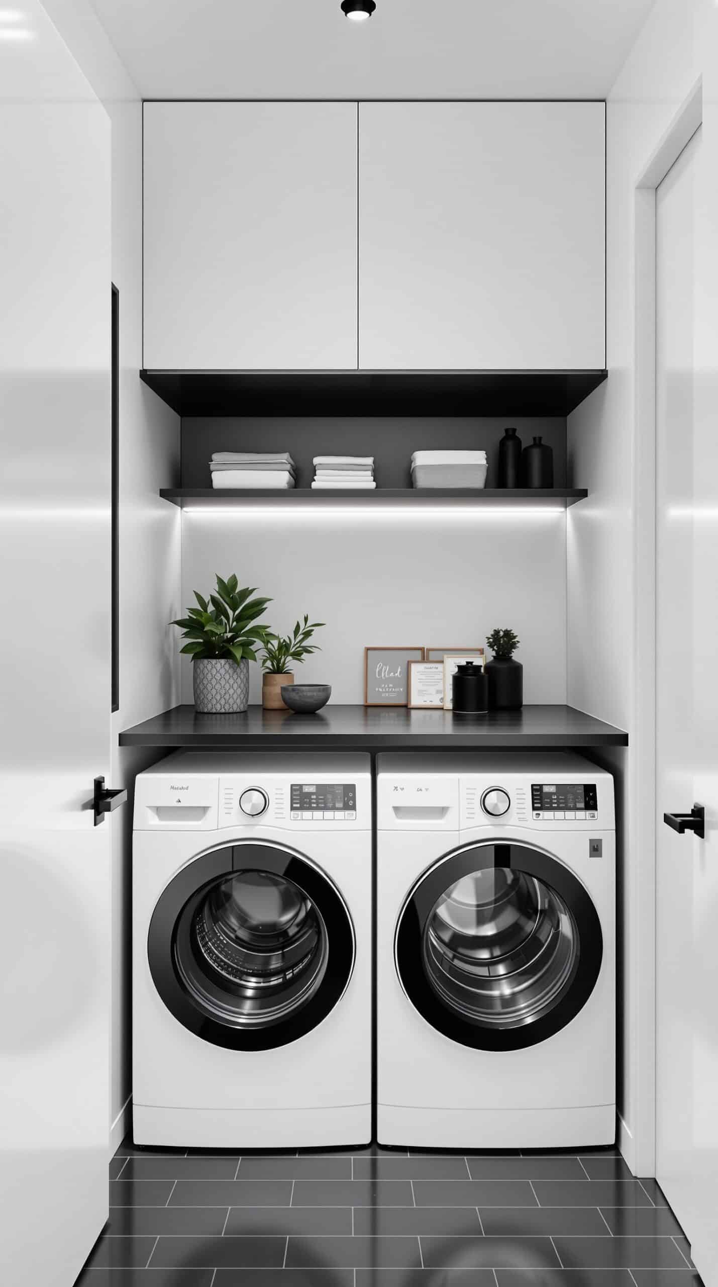 A minimalist black and white laundry room featuring a stacked washer and dryer, shelves with folded towels and plants, and modern lighting.