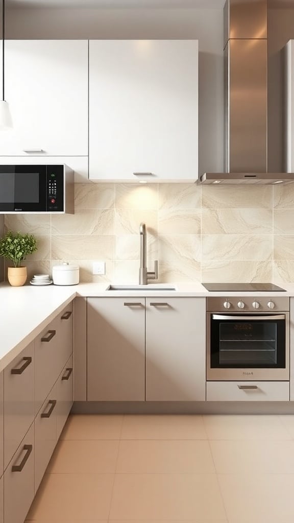 Minimalist kitchen with beige backsplash and white countertops