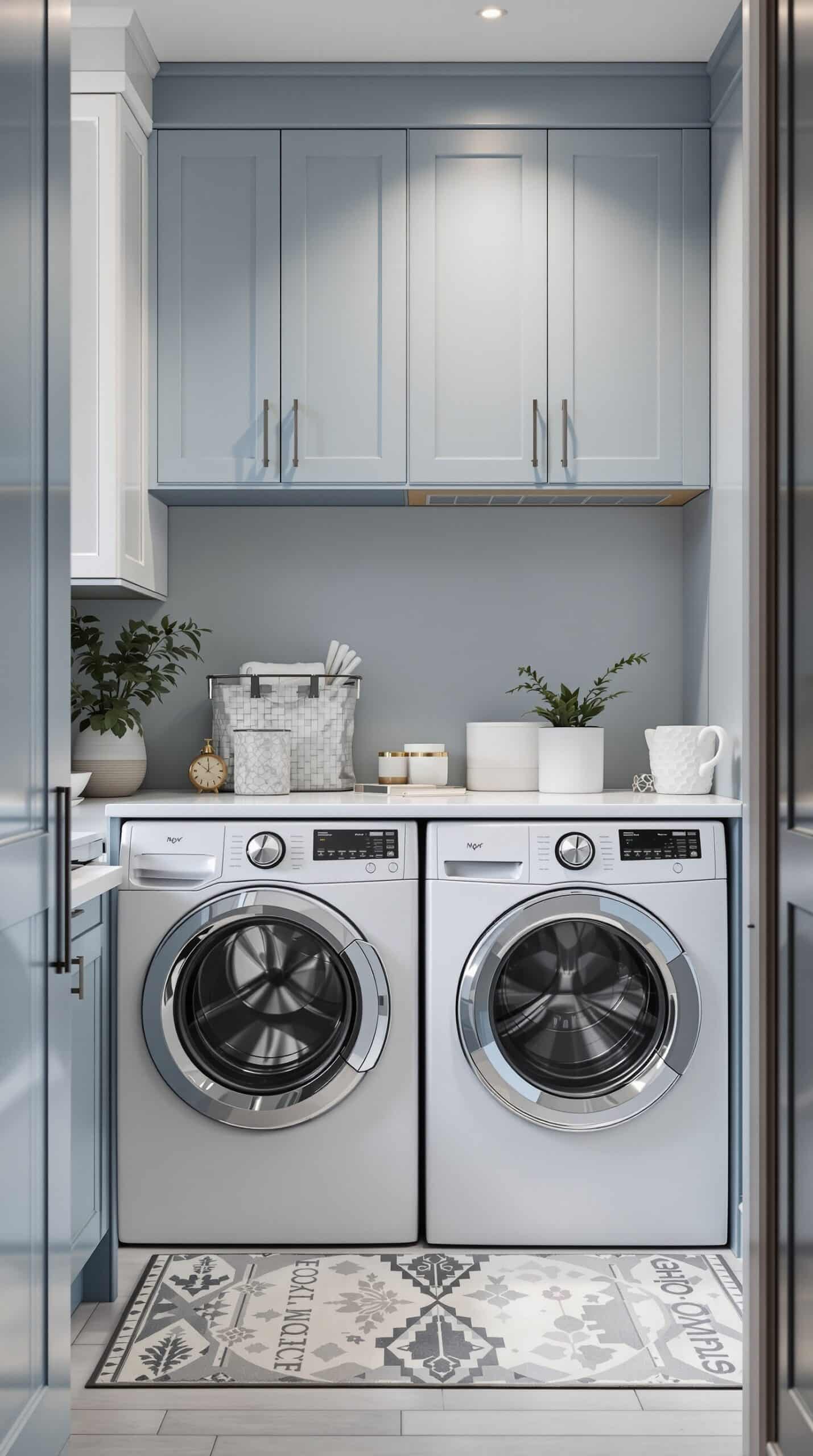 A contemporary light blue laundry room featuring modern appliances, organized storage, and decorative elements.