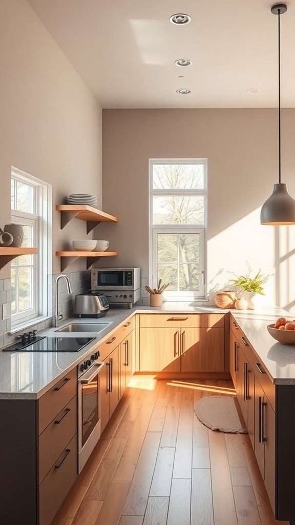 A modern brown kitchen with natural light, open shelving, and a warm atmosphere.