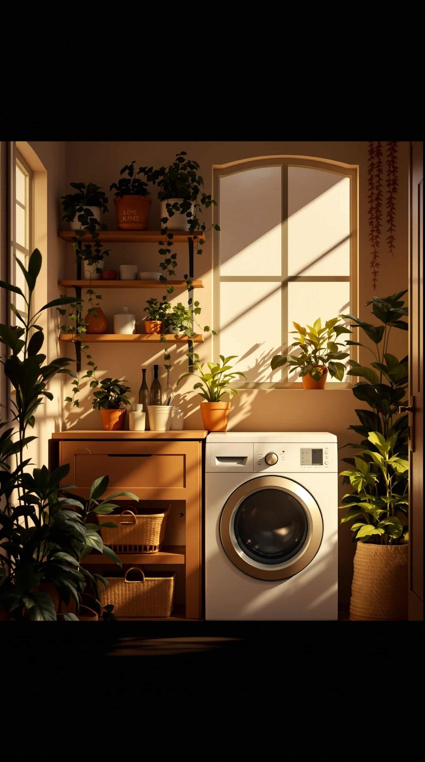A laundry room decorated with indoor plants, featuring earthy brown shelves and cabinetry, a washing machine, and sunlight streaming through the window.