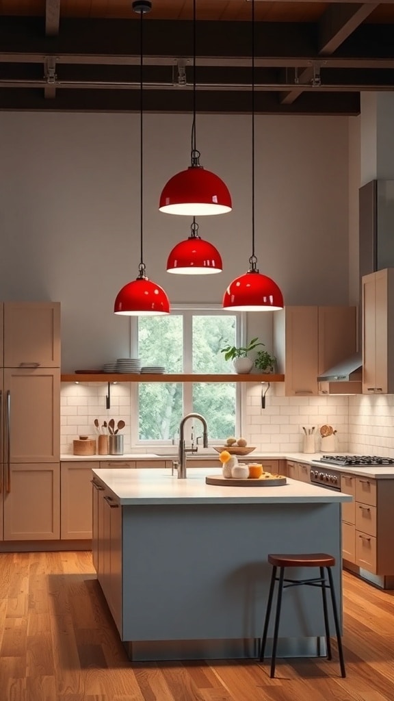 A modern kitchen featuring three red pendant lights above an island.