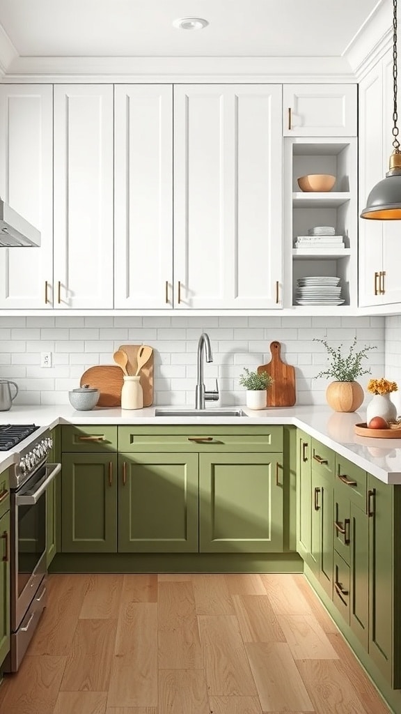 A modern kitchen featuring olive green lower cabinets and white upper cabinets, with wooden accents and a bright atmosphere.