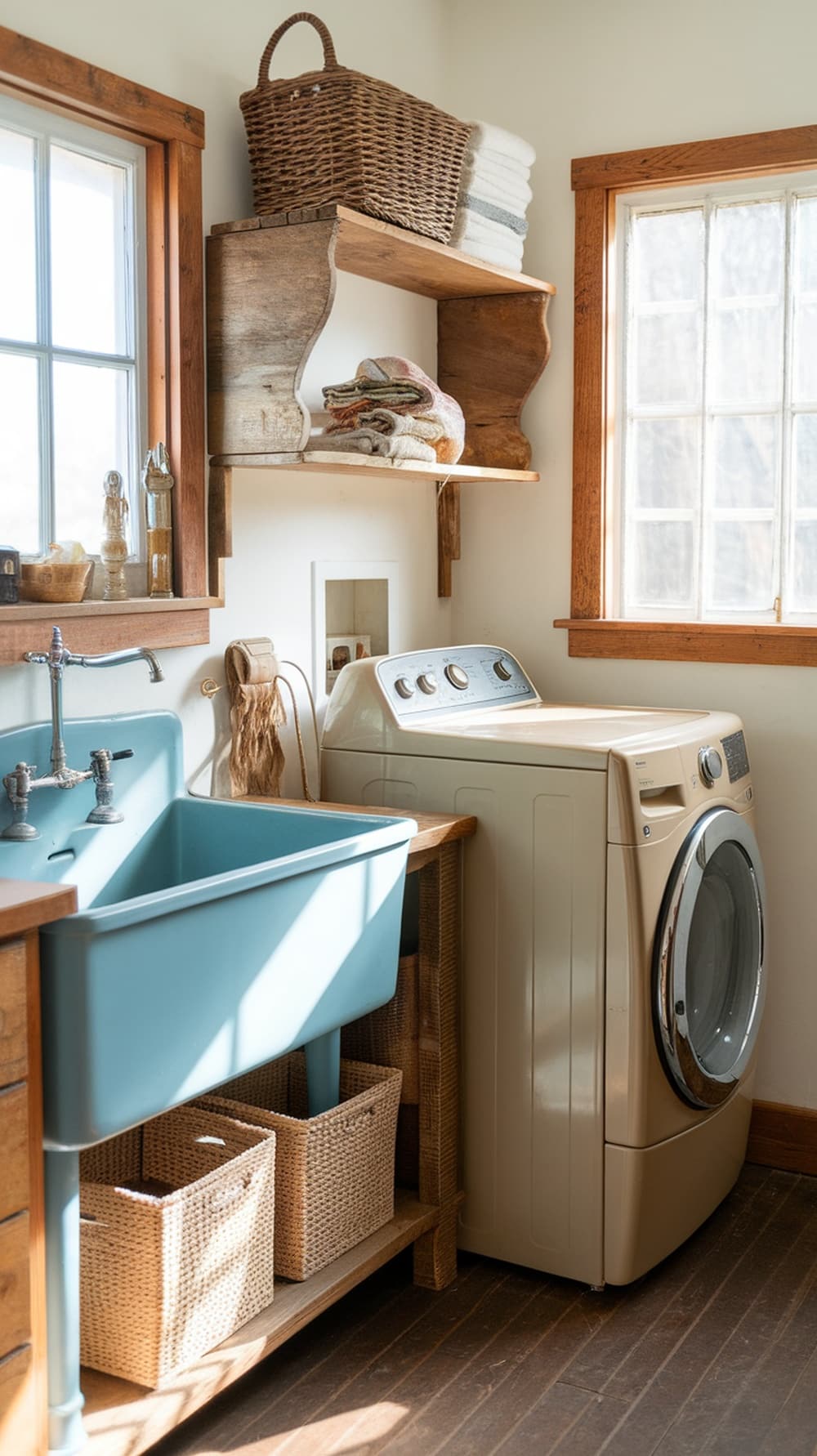 A vintage-style slate blue sink in a cozy laundry room with wooden shelves and storage baskets.