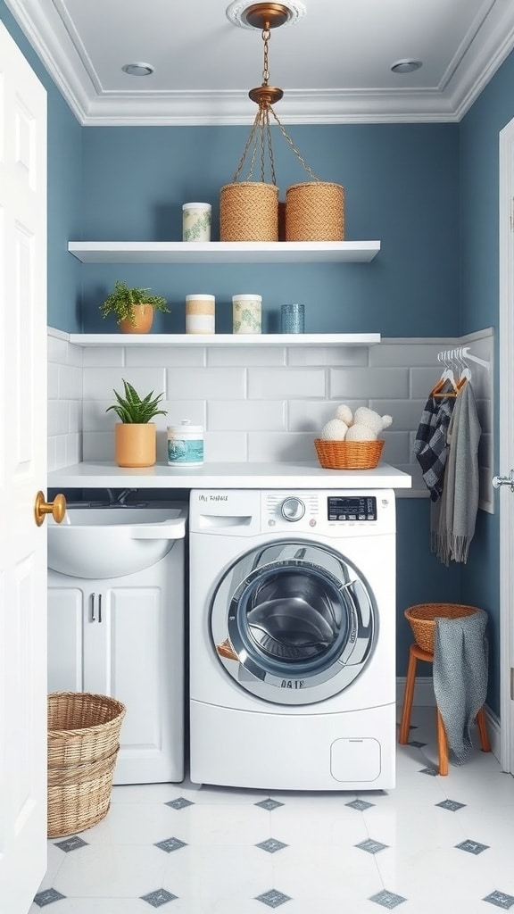 A chic laundry room featuring blue walls, white cabinetry, and decorative elements.