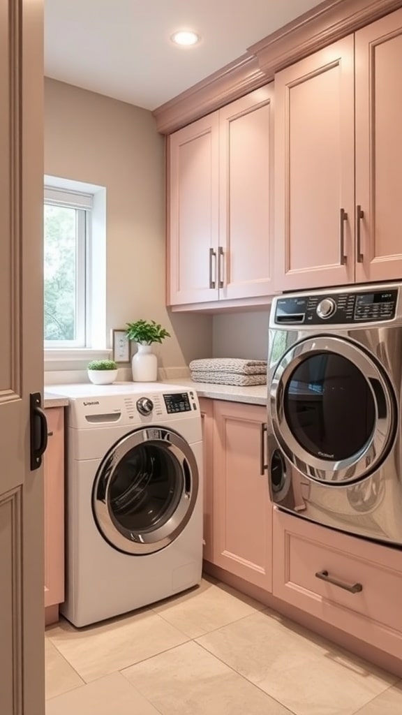 A laundry room featuring elegant blush pink cabinets and a modern washing machine.
