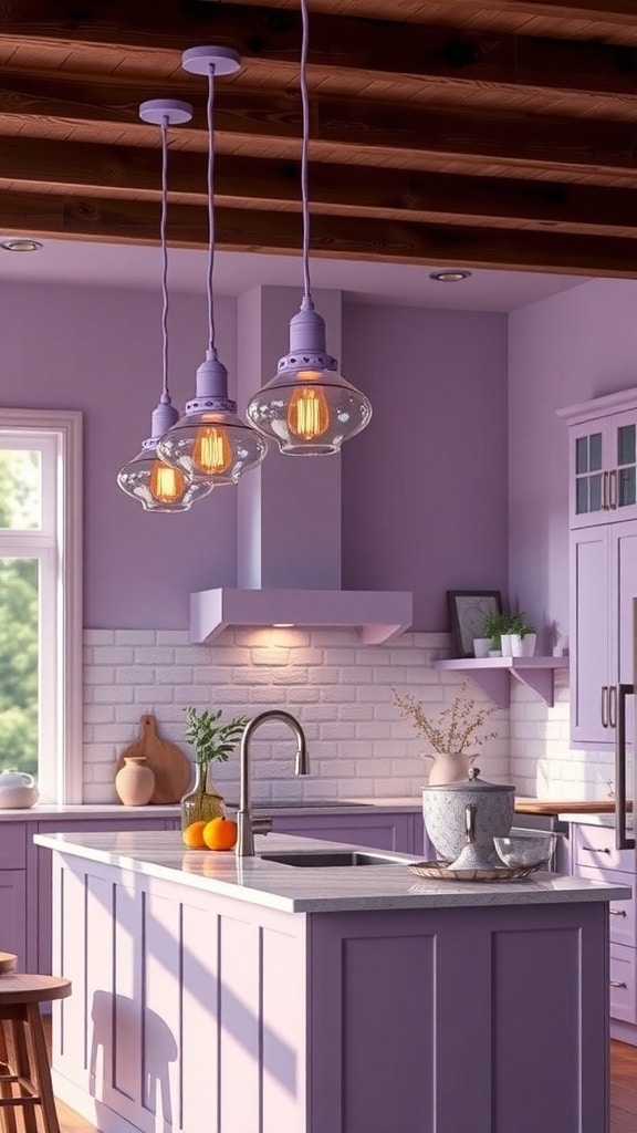 A lavender kitchen featuring three pendant lighting fixtures with vintage-style bulbs.