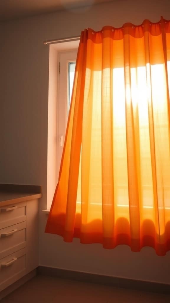Bright orange kitchen curtains blowing in the sunlight