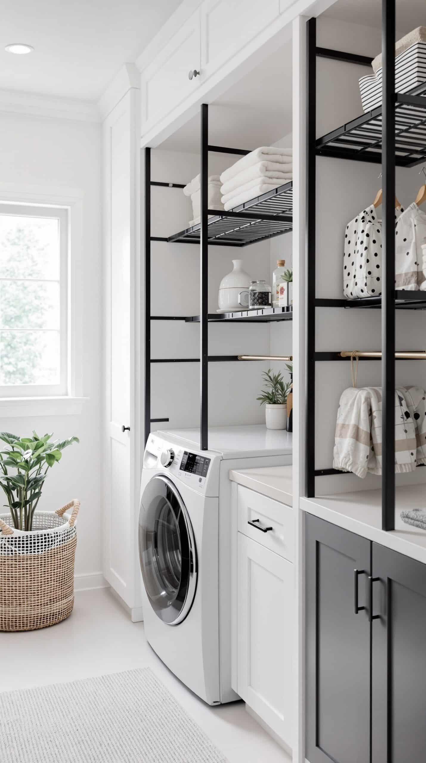 Modern laundry room featuring built-in drying racks and organized shelving.