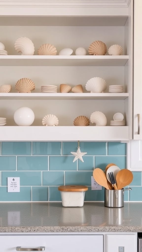 Open kitchen shelves displaying seashell decor against a teal backsplash.