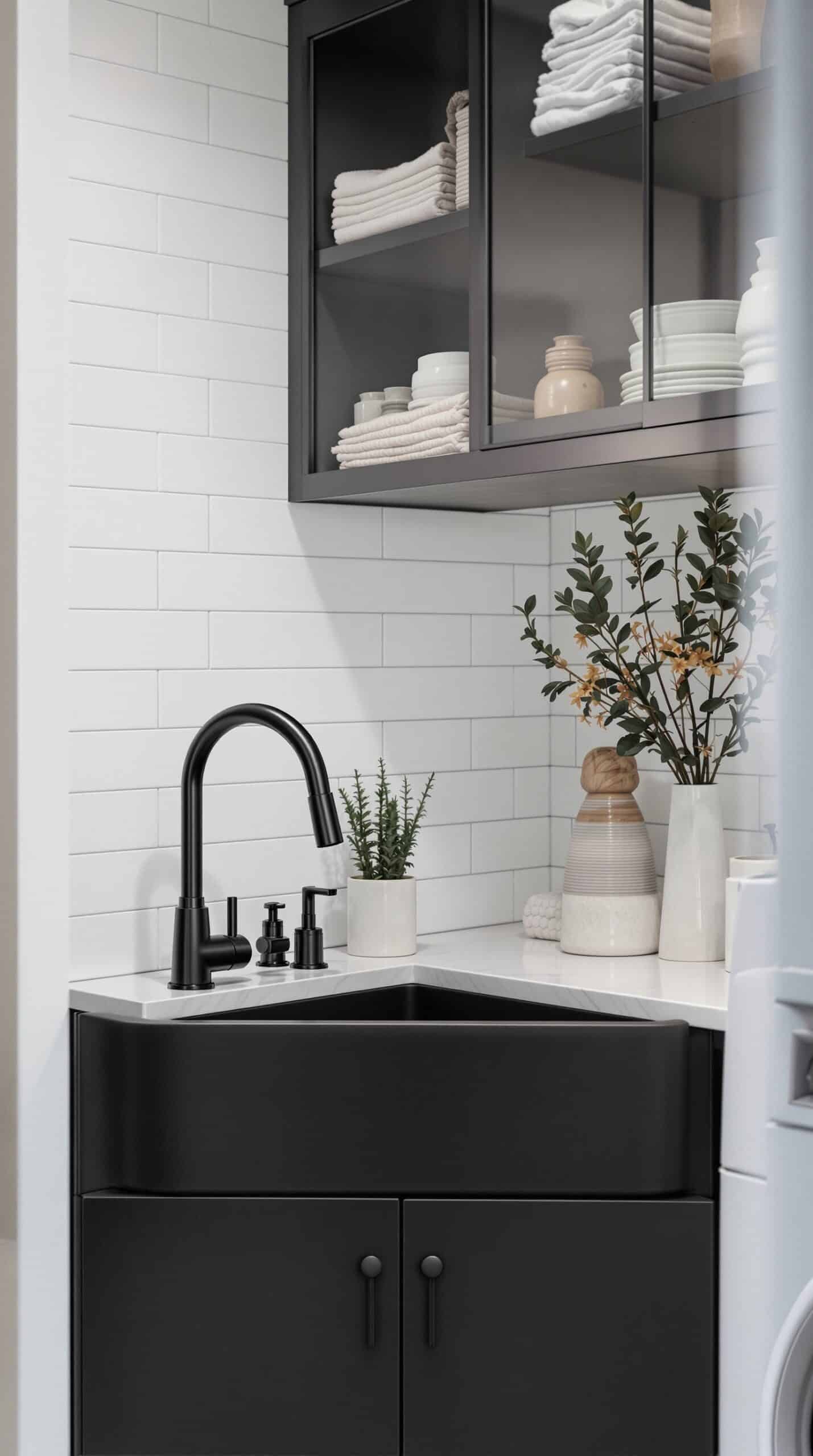 Modern laundry sink with dark finishes and stylish decor