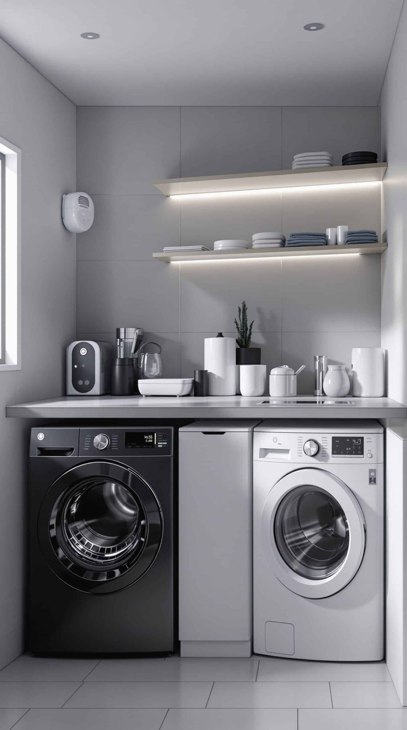 A modern dark laundry room featuring a black washing machine, a white dryer, and smart shelving with lighting.