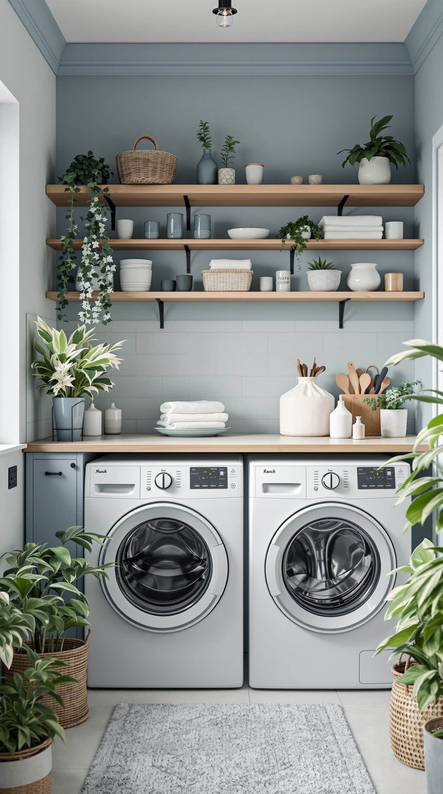 A laundry room featuring dusty blue walls, wooden shelves with plants and decor, and modern washing machines.