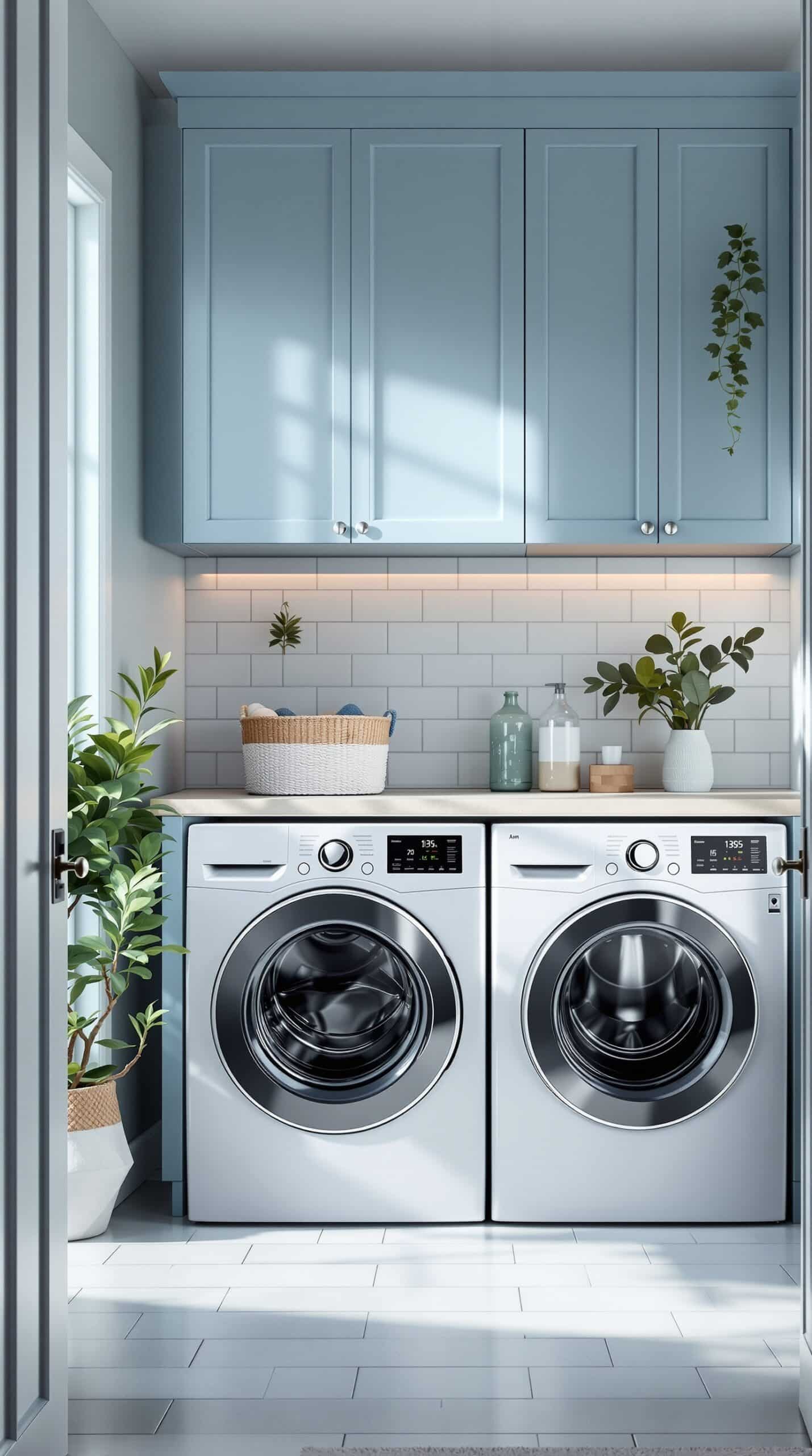 A chic laundry room featuring modern silver appliances, dusty blue cabinetry, and decorative plants.