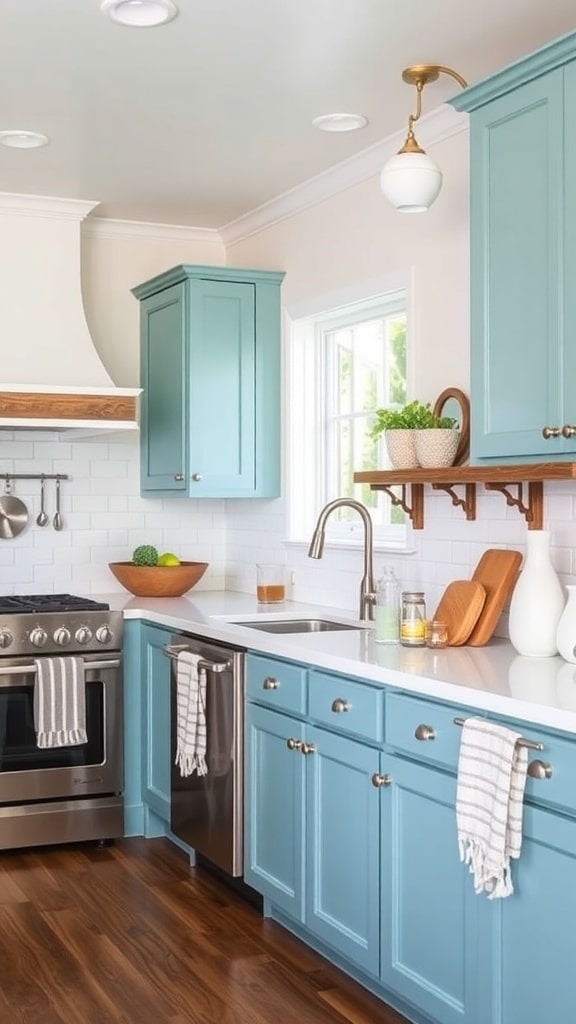 A kitchen featuring teal cabinets and driftwood accents, showcasing a modern coastal design.