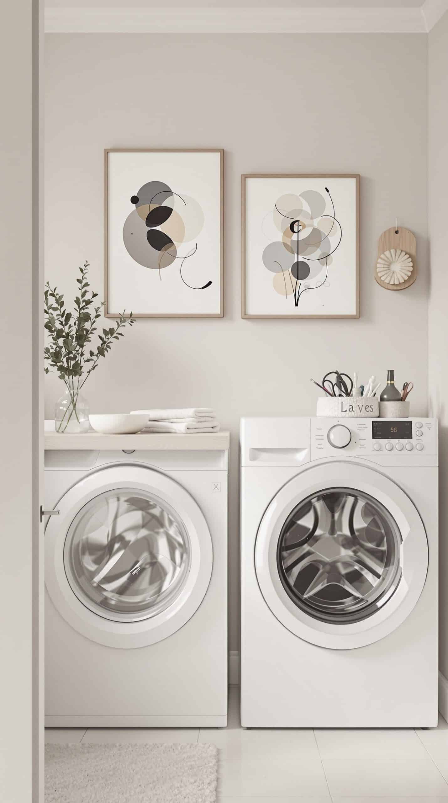 Minimalist greige laundry room with artistic wall decor featuring abstract framed artworks.