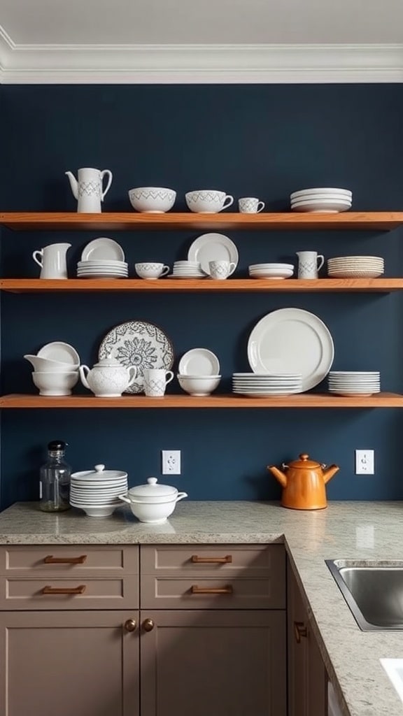 Open shelving with white dishware against a navy blue wall in a kitchen