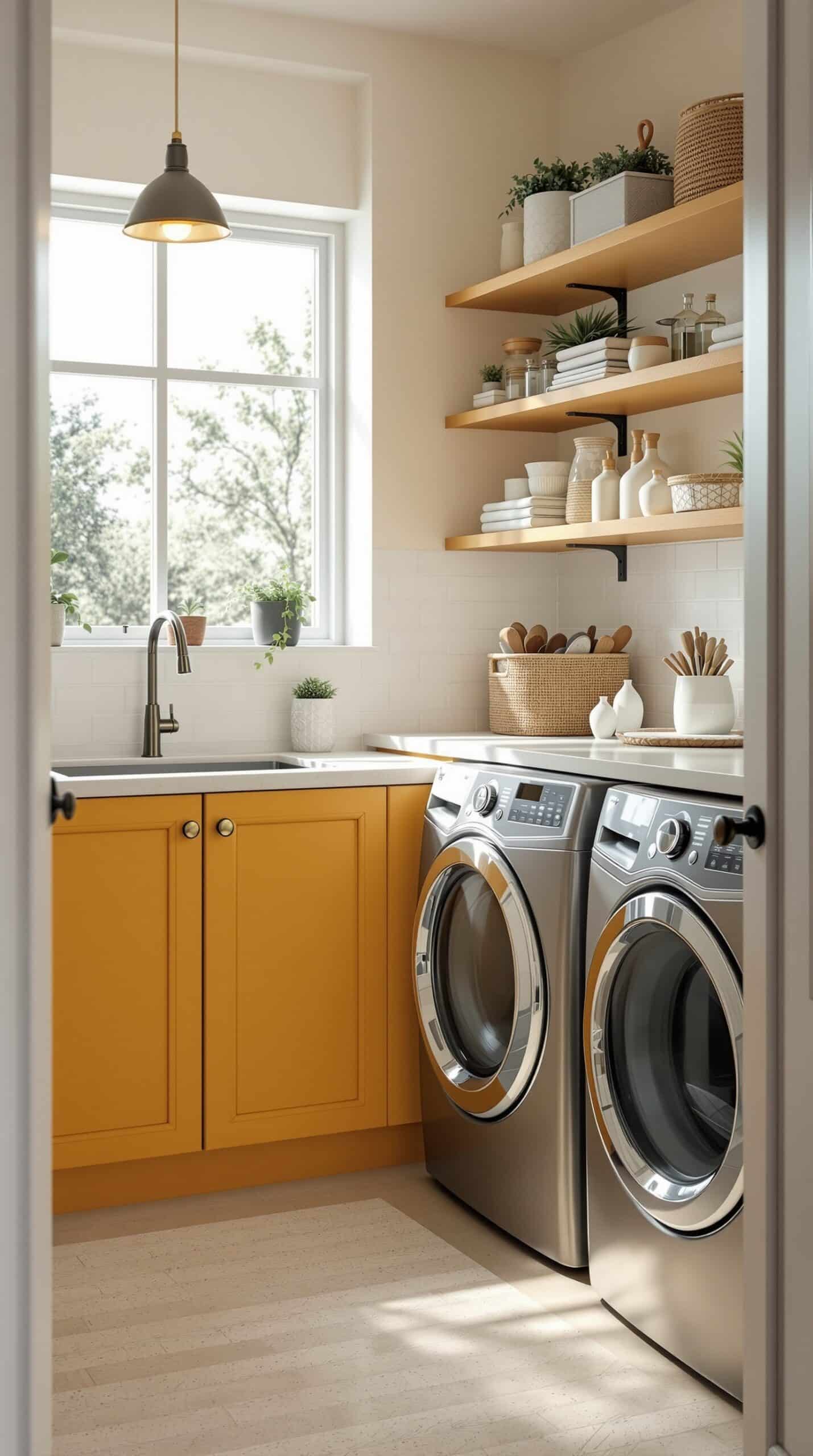 A bright laundry room featuring mustard yellow cabinets, silver appliances, and open shelving with decorative items.