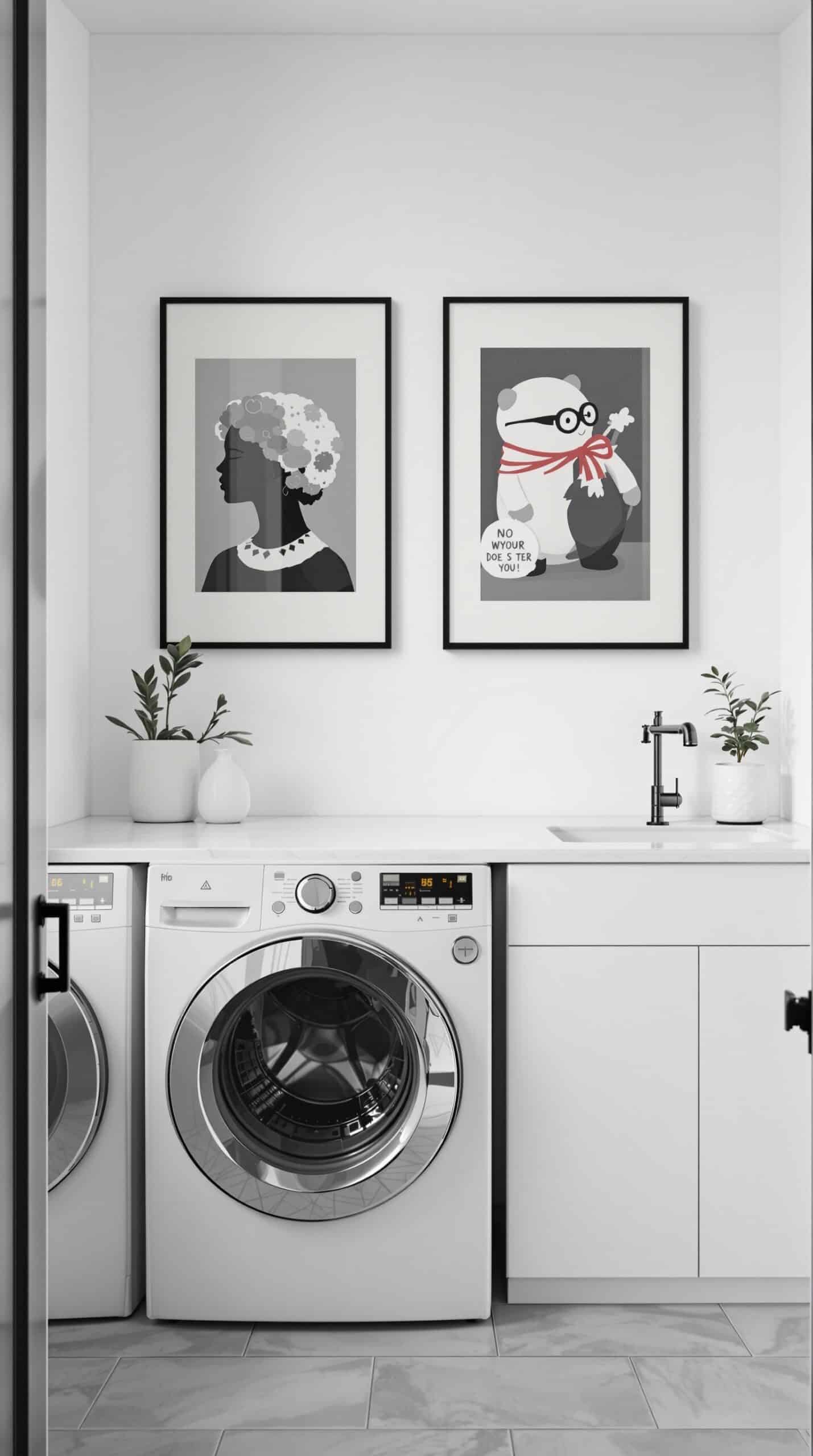 Laundry room with dark framed artwork featuring a silhouette of a woman and a playful panda character.