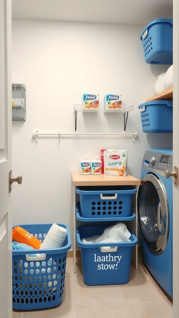 A functional laundry room with blue storage solutions, featuring labeled bins and organized shelves.